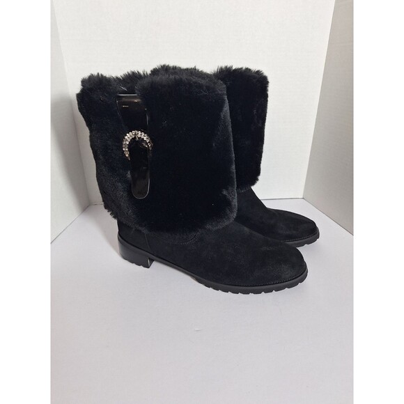 Midnight Velvet Faux Fur Boots Women's Sz 12M Mid Calf Rhinestones Buckle Winter - Picture 1 of 13